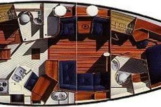 Slide: The Image of 1994 Island Packet 44 Cutter interior layout with cabins, galley, and seating areas. - 62