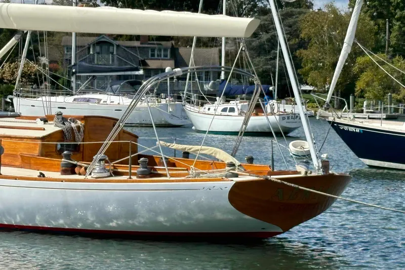 Slide: The Image of Interior view of 1979 O.Lie-Neilsen 44 Cutter Rigged sailboat with wooden finishes. - 16