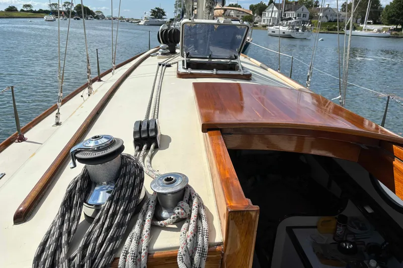 Slide: The Image of Interior of 1979 O.Lie-Neilsen 44 Cutter Rigged sailboat with wooden furnishings. - 18
