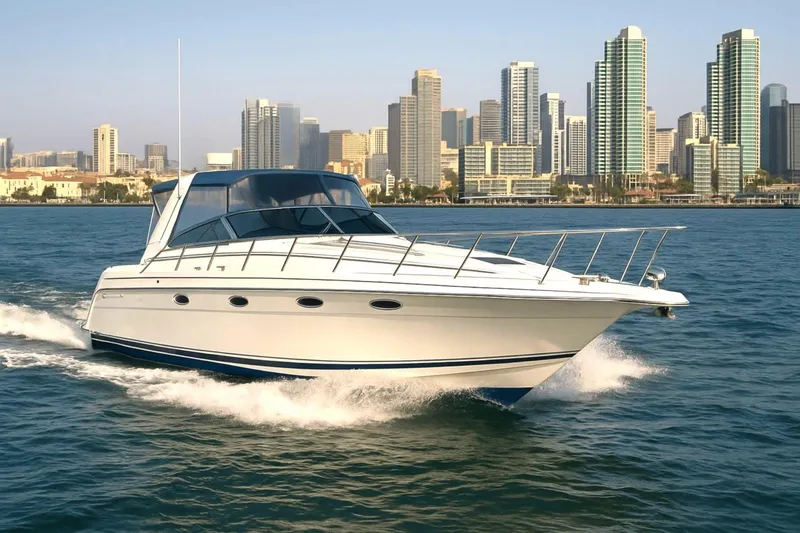 The Image of 2000 Formula 31 Performance Cruiser "Oliver" - on the water with San Diego skyline backdrop (AI generated). - 0