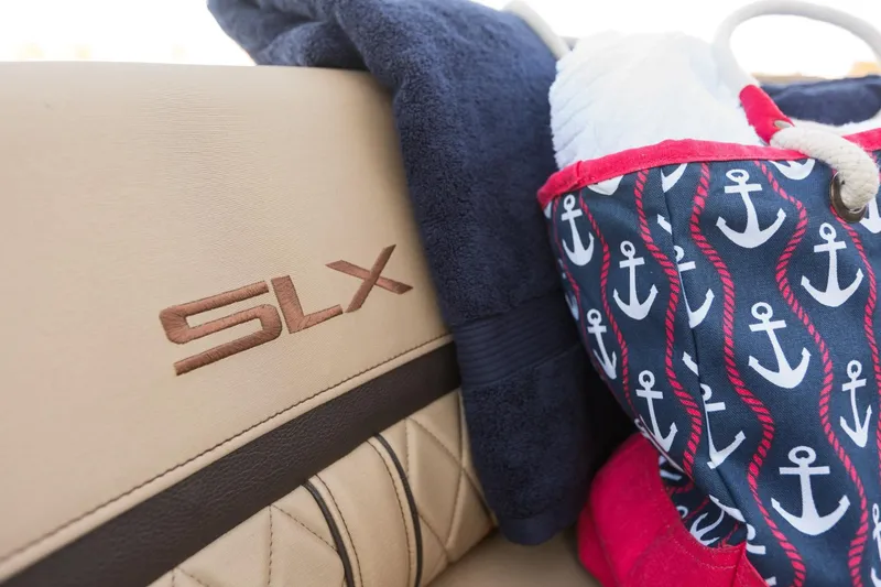 Slide: The Image of Sea Ray SLX 250 boat with anchor-patterned bag and towel, 2016 model. - 27