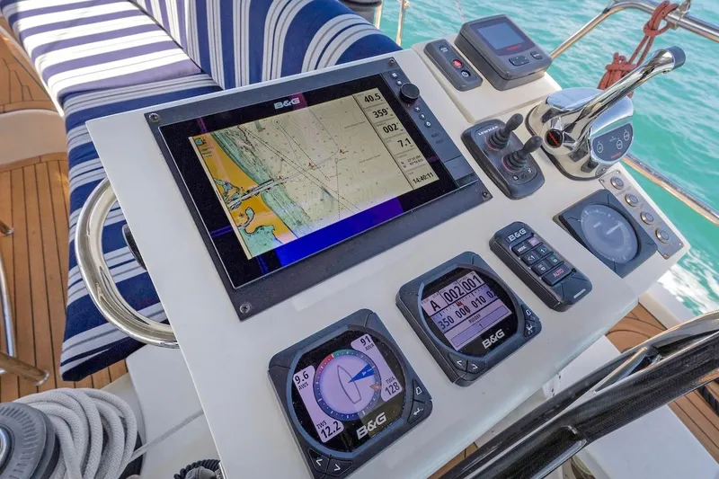 Slide: The Image of Cockpit of 2011 Southerly 57 RS yacht with navigation instruments and steering wheel. - 23