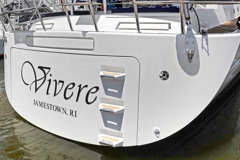 Slide: The Image of Sailboat stern of 2011 Southerly 57 RS, named "Vivere," docked in Jamestown, RI. - 5