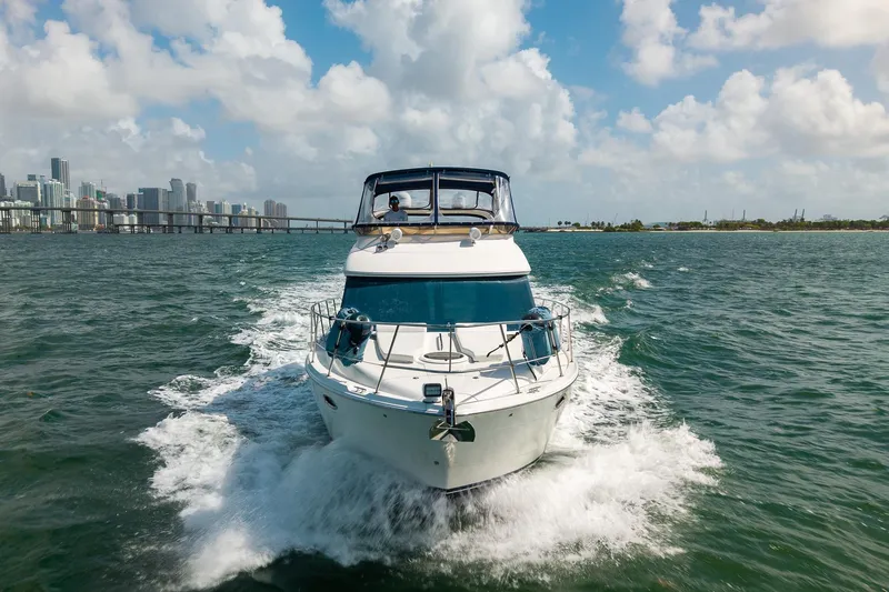 Slide: The Image of 2009 Meridian 391 Sedan cruising on water with city skyline in background. - 12