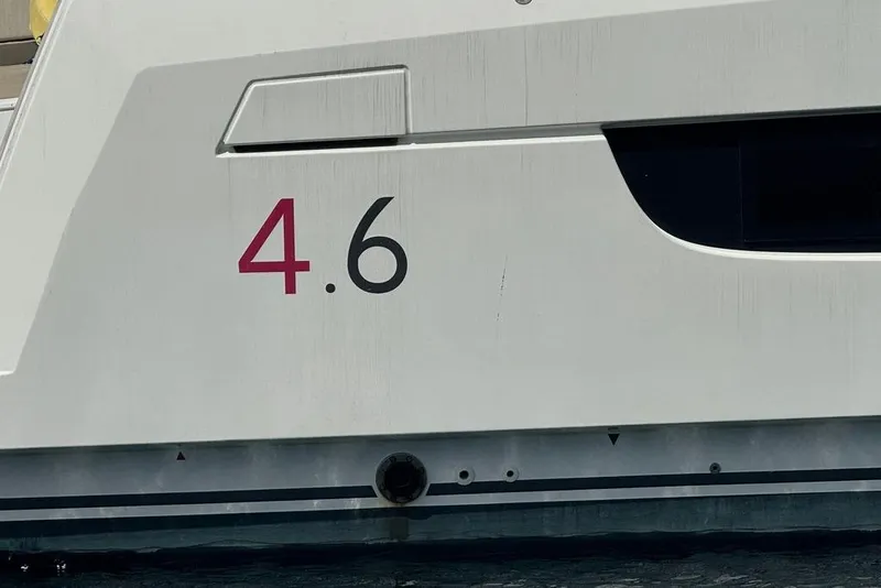 Slide: The Image of 2023 Bali 4.6 yacht exterior with model number displayed on the hull. - 8