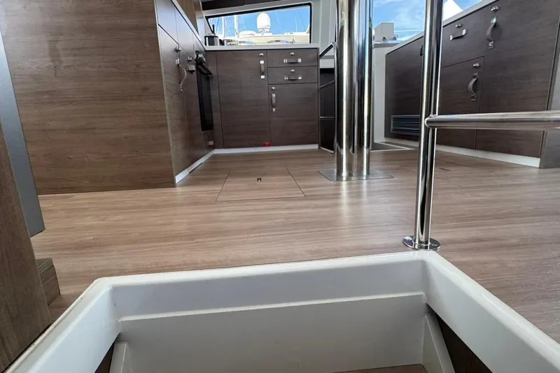 Slide: The Image of Modern interior of 2023 Bali 4.6 yacht with sleek wood finish and stainless steel accents. - 87