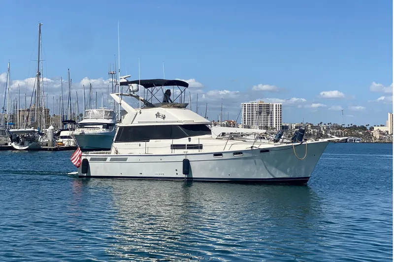The Image of 1986 Bayliner 3888 MY Sedan yacht on calm water under clear blue sky. - 0
