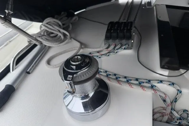 Slide: The Image of Sailing yacht deck with winch and ropes, Hunter 38 model, 2007. - 13
