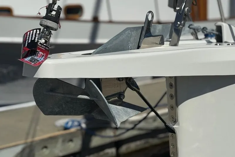 Slide: The Image of Close-up of Jeanneau Sun Odyssey 449 anchor system, 2017 model, docked at marina. - 12