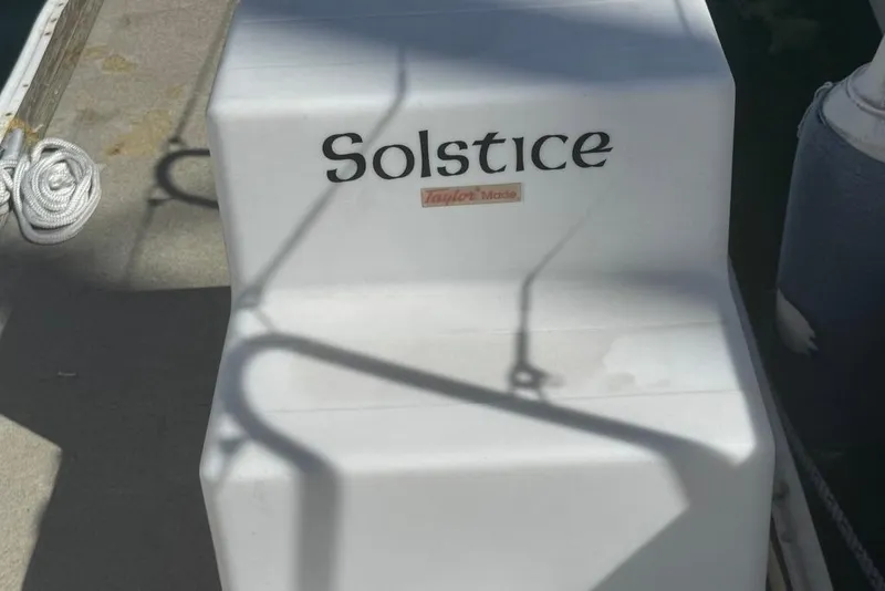 Slide: The Image of Jeanneau Sun Odyssey 449 (2017) boat named "Solstice" with visible deck details. - 17
