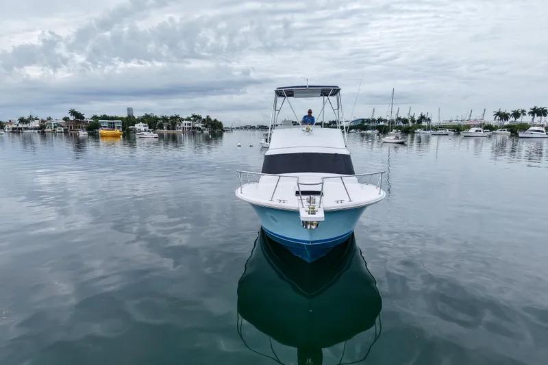 Slide: The Image of 1994 Luhrs 32 Convertible boat on calm water with cloudy sky backdrop. - 31