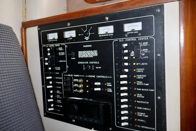 Slide: The Image of Electrical control panel on a 1994 Luhrs 32 Convertible boat. - 39