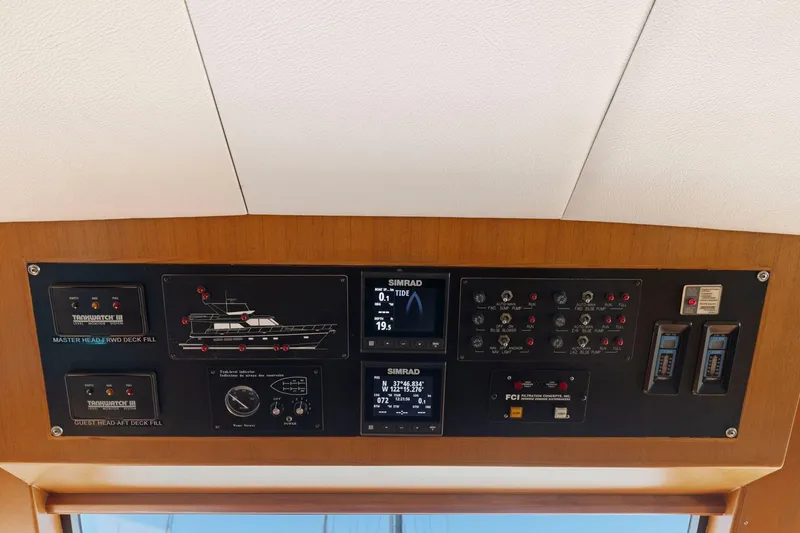 Slide: The Image of Control panel of a 1999 Symbol 55 yacht with various gauges and displays. - 33