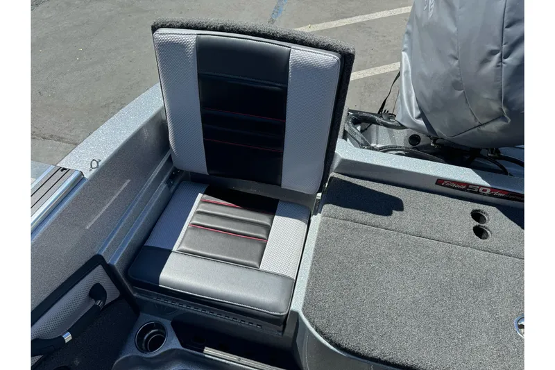Slide: The Image of 2018 Ranger 1880MS boat seat with gray and black upholstery, cup holder visible. - 20