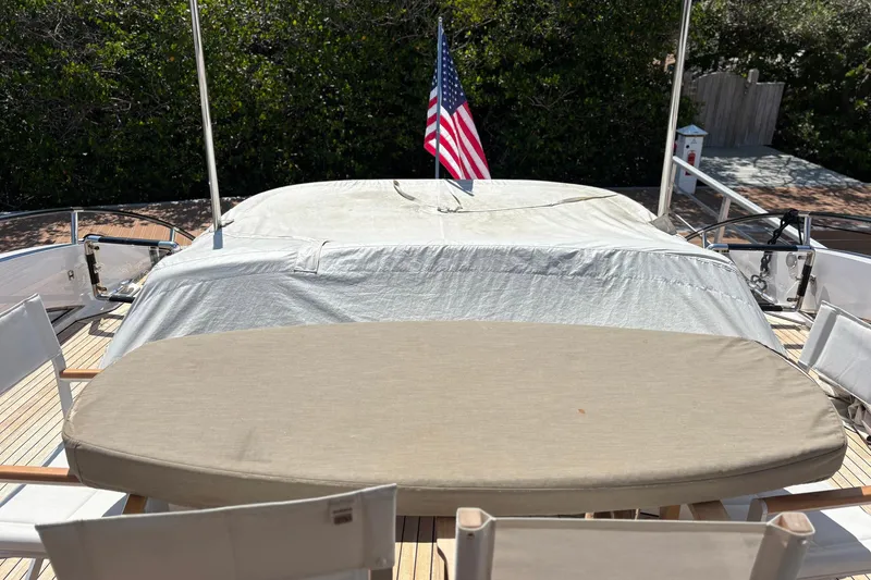 Slide: The Image of 2008 Lazzara LSX 75 yacht deck with covered seating and American flag. - 33