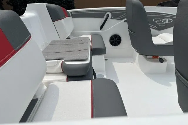 Slide: The Image of 2026 Tahoe T21 boat interior with gray and red seating, modern design. - 8