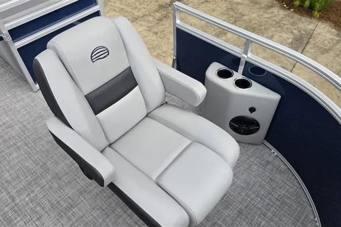 Slide: The Image of Luxurious seating on 2026 Sun Tracker SportFish 20 DLX pontoon boat with cup holders. - 8