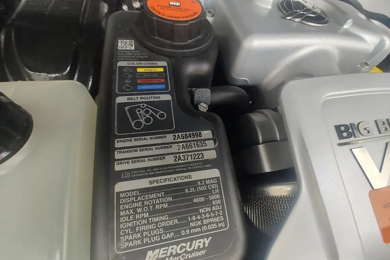Slide: The Image of Engine compartment of a 2021 Chaparral 347 SSX with Mercury specifications and serial numbers. - 26