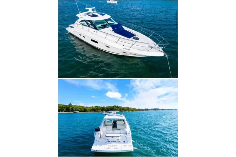 Slide: The Image of 2009 Sea Ray 43 Sundancer yacht on blue water, showcasing sleek design and luxury features. - 1