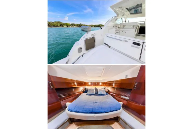 Slide: The Image of 2009 Sea Ray 43 Sundancer yacht with spacious deck and luxurious cabin interior. - 11
