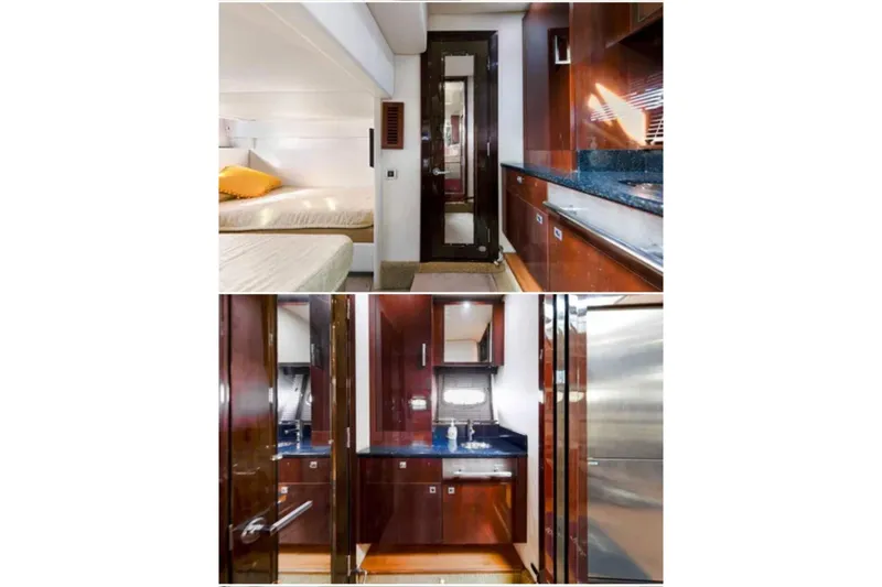 Slide: The Image of Interior of 2009 Sea Ray 43 Sundancer yacht, featuring bedroom and kitchen areas. - 12