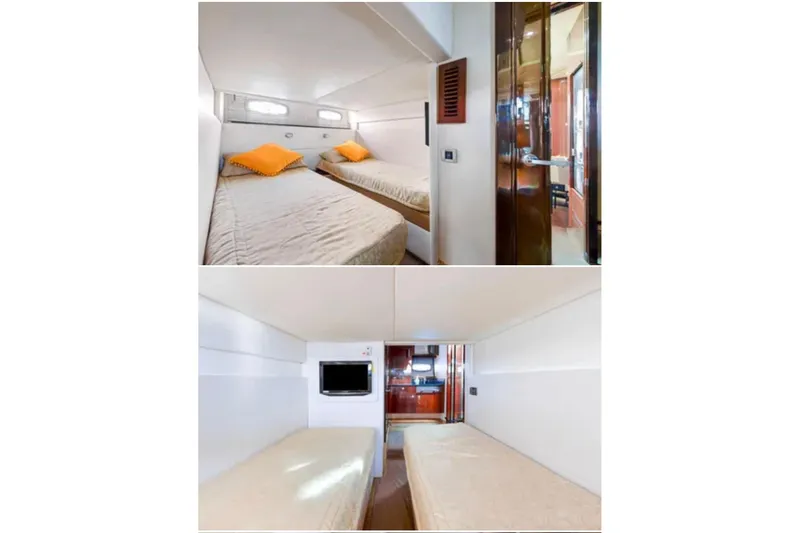 Slide: The Image of Interior cabin of 2009 Sea Ray 43 Sundancer with twin beds and modern amenities. - 13