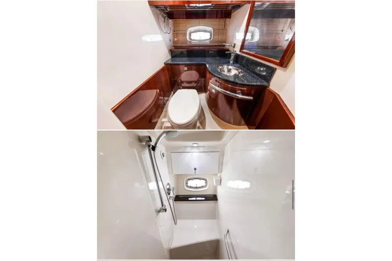 Slide: The Image of Luxurious bathroom interior of 2009 Sea Ray 43 Sundancer yacht, featuring modern fixtures and elegant design. - 14