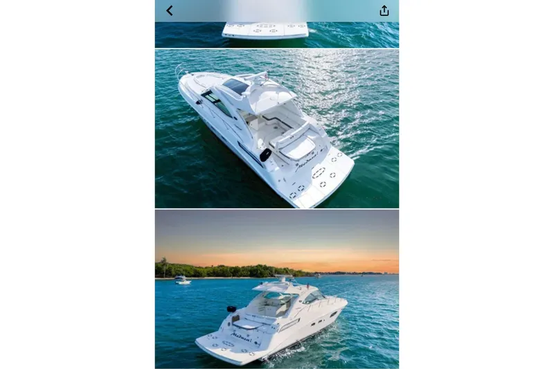 Slide: The Image of 2009 Sea Ray 43 Sundancer yacht cruising on clear blue water. - 2