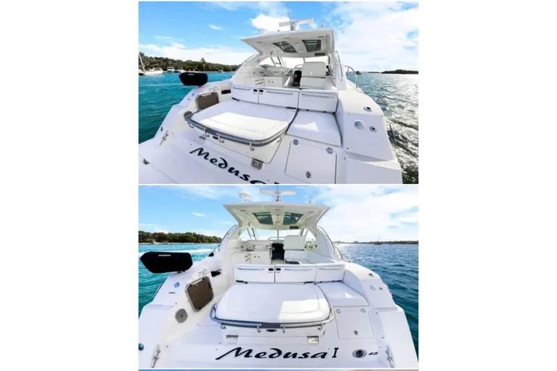 Slide: The Image of 2009 Sea Ray 43 Sundancer yacht on water, showcasing sleek design and spacious deck. - 3