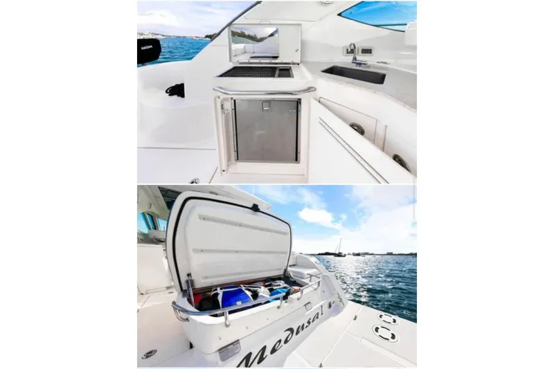 Slide: The Image of 2009 Sea Ray 43 Sundancer yacht interior and storage area with ocean view. - 5