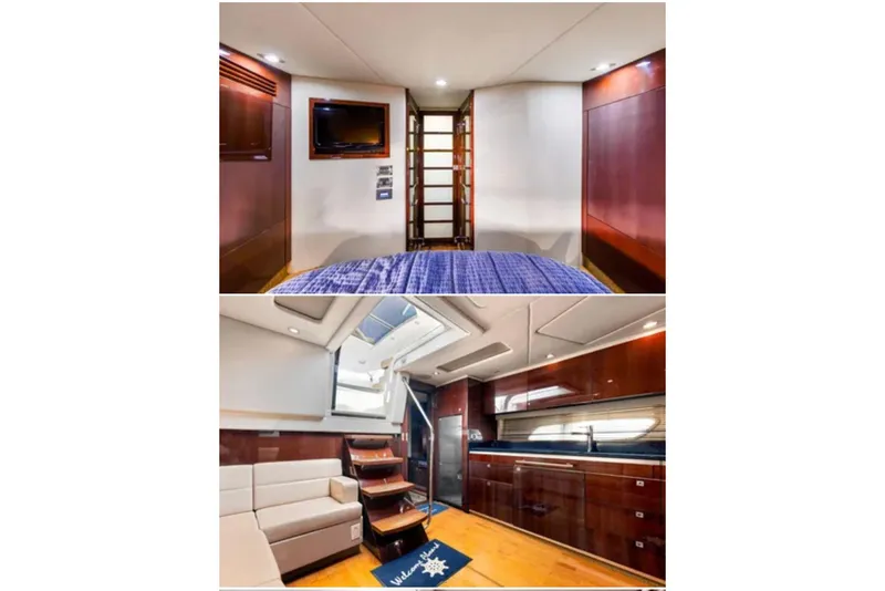 Slide: The Image of Interior of 2009 Sea Ray 43 Sundancer yacht, featuring luxurious cabin and modern kitchen. - 8