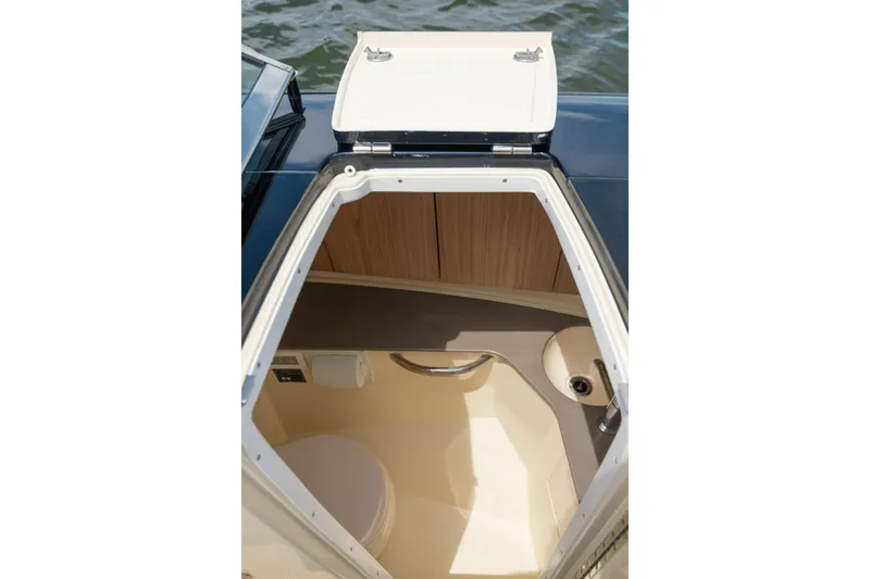 Slide: The Image of Interior view of 2022 Chris Craft 34 Launch Heritage boat cabin with open hatch. - 28