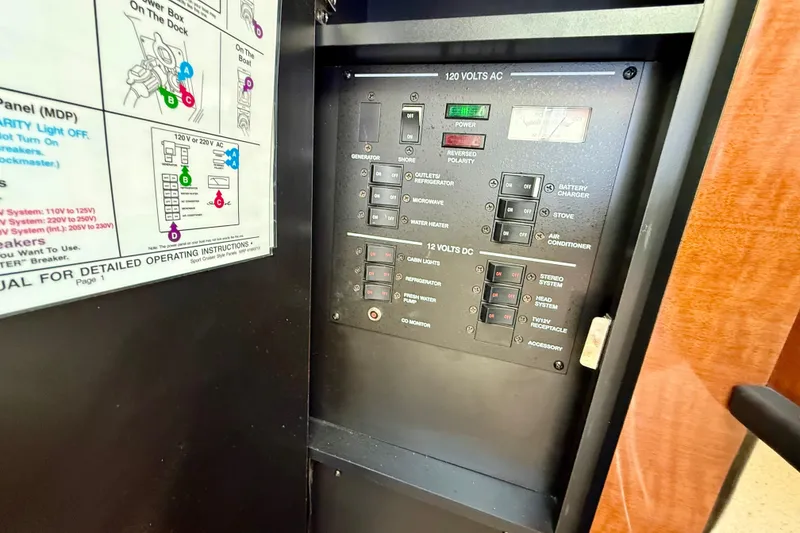 Slide: The Image of Control panel of a 2005 Sea Ray Sundancer 260 boat, showing electrical switches and instructions. - 25