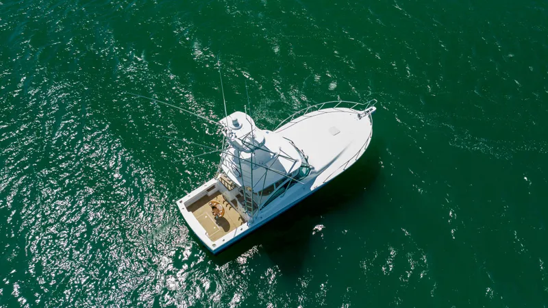 Slide: The Image of Aerial view of 2019 Albemarle 410 Express Fisherman boat on open water. - 9