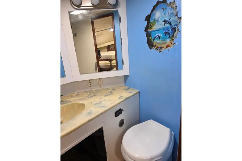 Slide: The Image of 1990 Topaz 39 Royale bathroom with mirror, sink, and dolphin wall art. - 14