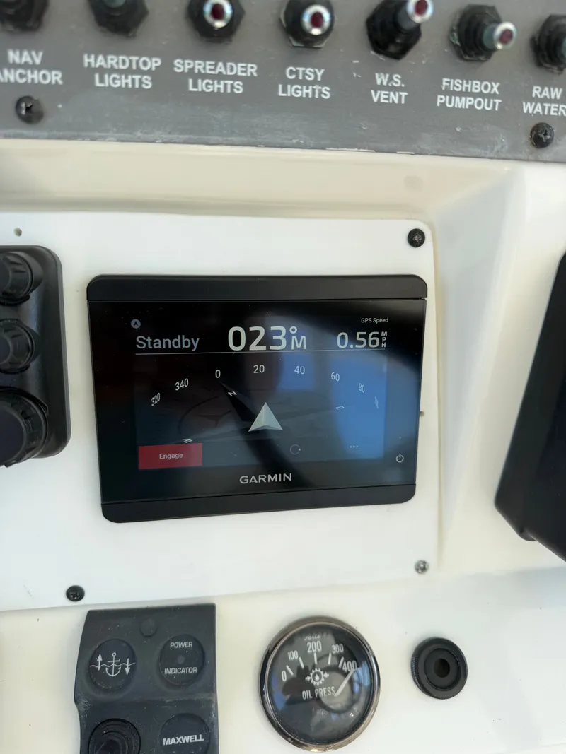 Slide: The Image of Garmin navigation system on a 2005 Rampage 33 Express boat. - 47