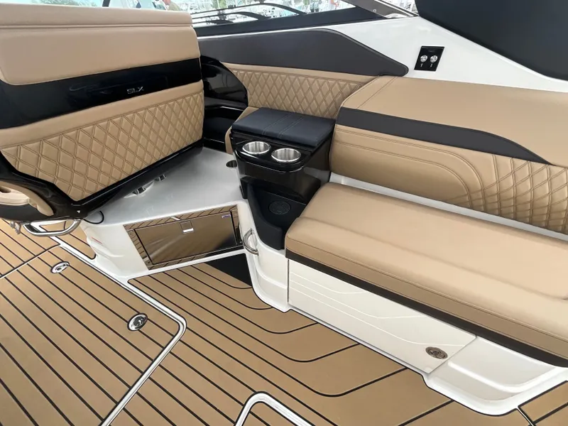 Slide: The Image of Interior of the 2027 Sea Ray SLX 280 Outboard with sleek, upholstered seating and modern details. - 36