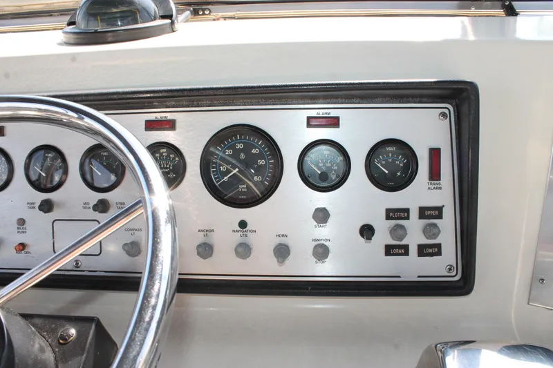 Slide: The Image of Dashboard of a 1987 Chris-Craft 427 Catalina boat with gauges and controls. - 24