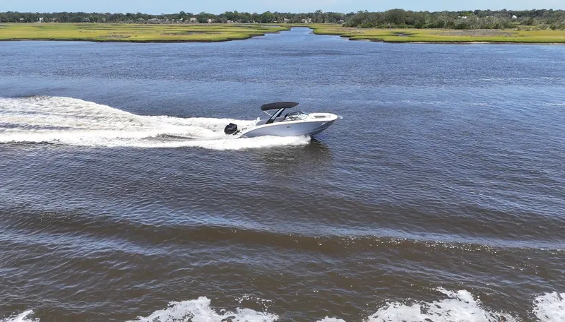 Slide: The Image of A 2027 Sea Ray SDX 290 Outboard speeds across the water in a serene river setting. - 1