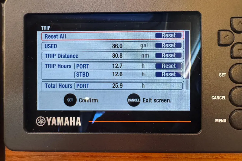 Slide: The Image of Yamaha display showing trip data for 2025 Cutwater C-288 Coupe, including fuel usage and distance. - 4