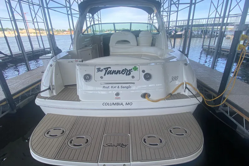 Slide: The Image of 2004 Sea Ray 380 Sundancer docked, rear view with custom nameplate, Columbia, MO. - 12