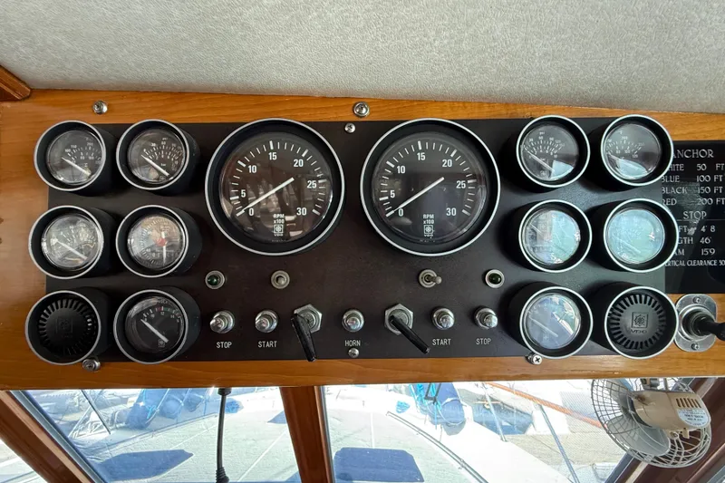 Slide: The Image of 1987 PT Sundeck boat dashboard with gauges and controls, featuring RPM and pressure indicators. - 49