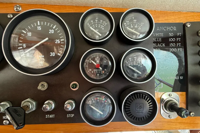 Slide: The Image of 1987 PT Sundeck boat dashboard with gauges and controls, including RPM, temperature, and voltage indicators. - 51