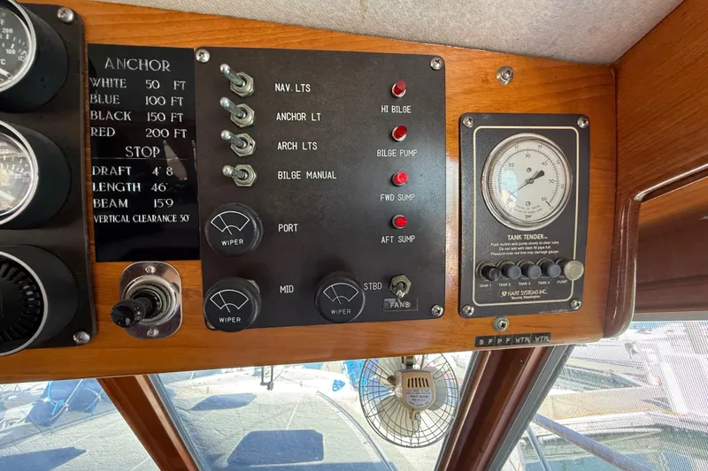 Slide: The Image of Control panel of a 1987 PT Sundeck boat with gauges and switches. - 52