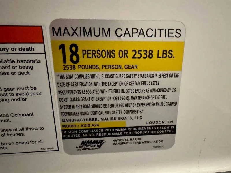 Slide: The Image of Safety label for Axis Wake Research A24 boat, maximum capacity 18 persons. - 44