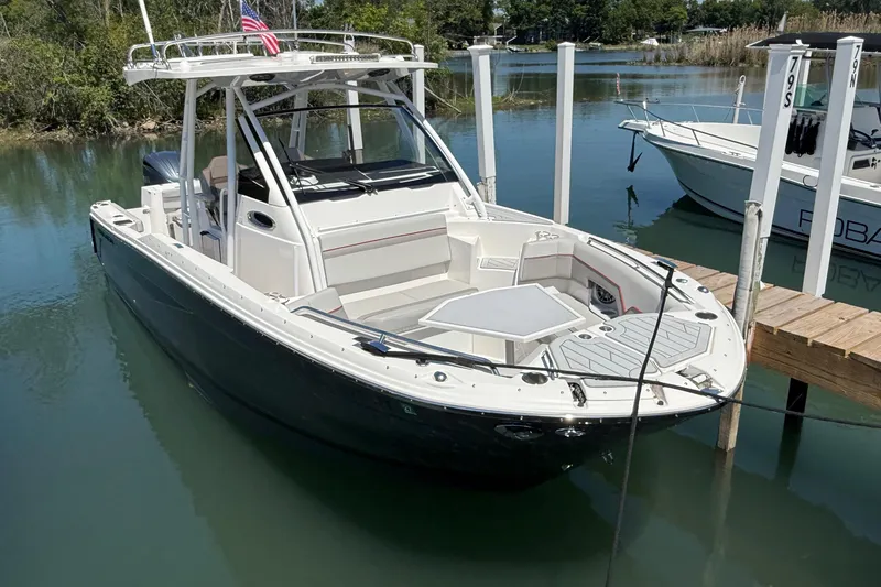 Slide: The Image of 2024 Solara S-250 CW boat docked in calm waters, featuring sleek design and spacious deck. - 1