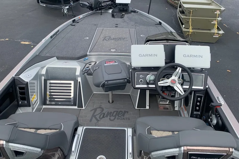 Slide: The Image of 2026 Ranger Z520R Cup-Equipped boat interior with Garmin displays and steering wheel. - 8
