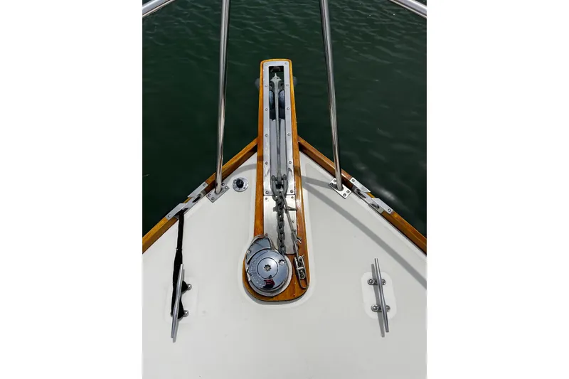 Slide: The Image of Bow of 2003 Lyman-Morse Monhegan 30 yacht with anchor and railing details. - 7