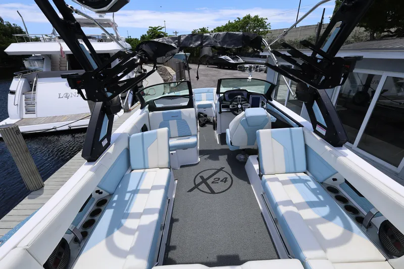 Slide: The Image of 2023 MasterCraft X24 boat interior with luxurious seating and advanced controls. - 15