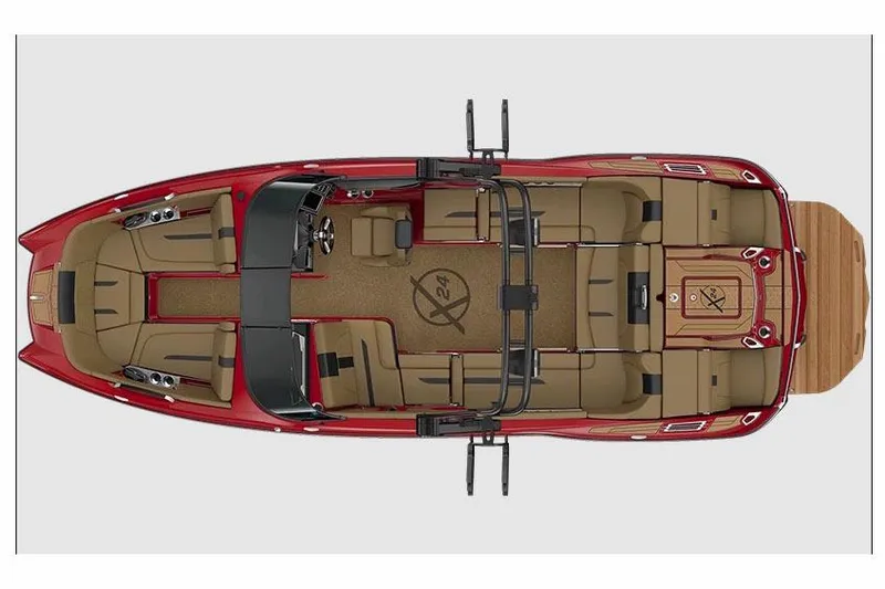 Slide: The Image of Manufacturer Provided Image: 2023 MasterCraft X24 boat interior, top view, red and tan upholstery. - 32